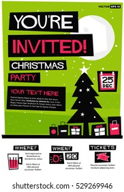 You're Invited! Christmas Party (Flat Style Vector Illustration Holidays Quote Poster Card Design) Event Invitation with Venue and Time Details