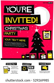 You're Invited! Christmas Party (Flat Style Vector Illustration Holidays Quote Poster Card Design) Event Invitation with Venue and Time Details