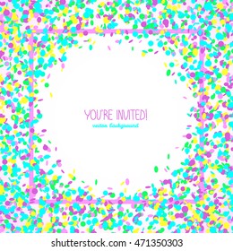 You're invited! Party card or banner. Square text frame made of colorful confetti. White background with copy space. Bright party card in neon colors.