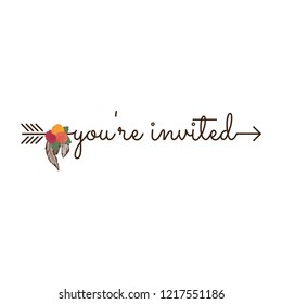 you're invited, typography as a part of arrow with feathers and colorful roses