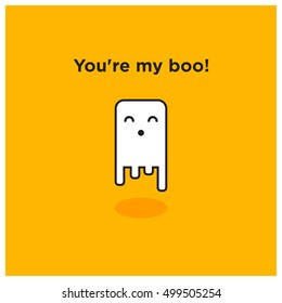 You're My Boo! Smiling Happy Ghost Pun (Line Art Vector Illustration in Flat Style Design)