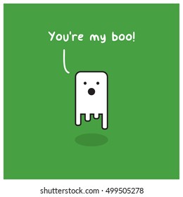 You're My Boo! Smiling Happy Ghost Pun (Line Art Vector Illustration in Flat Style Design)