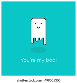 You're My Boo! Smiling Happy Ghost Pun (Line Art Vector Illustration in Flat Style Design)