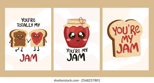 You're my jam greeting cards. Cute cartoons of toasts and jam. 