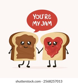 You're my jam illustration. Cute cartoons of toast holding each other hands. 