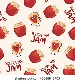 You're my jam seamless pattern. Cute cartoons of toast and jam pot.