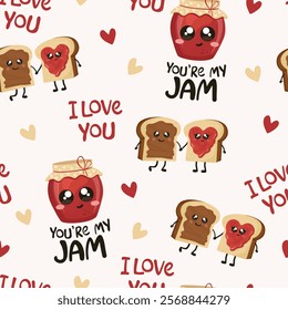 You're my jam seamless pattern. Cute cartoons of toast holding each other hands. 