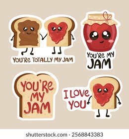 You're my jam stickers or illustrations. Cute cartoons of toast and jam pot.	