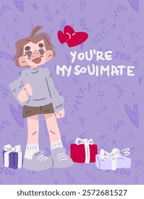 You're My Soulmate Valentine's Illustration. Adorable Valentine's Day illustration featuring a cheerful character, gift boxes, hand-drawn elements, a red heart, and the message on a purple background.
