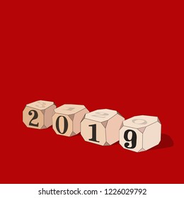 You're new year's eve. Dice with numbers 2019 on red background. Concept, Copy space above