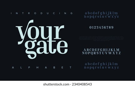Yourgate premium luxury elegant alphabet letters and numbers. Elegant wedding typography classic serif font decorative vintage retro. Creative vector illustration