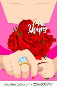 i'm yours, lady accept engagement ring with red rose bouquet romantic proposal valentine sweet event