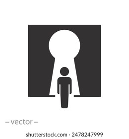 yourself belief icon, person in front of the keyhole, development and discovery inside identity, future opportunity freedom, flat symbol on white background - vector illustration