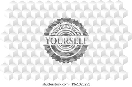 Yourself realistic grey emblem with geometric cube white background