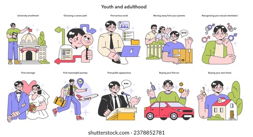 Youth and adulthood years set. Life milestones. Young male character getting old and gain new experience. Flat vector illustration