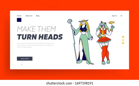 Youth Asian Subculture, Fantasy World Landing Page Template. .Female Cosplay Characters Wearing Anime and Elf Costumes and Makeup Take Part in Cosplaying Festival. Linear People Vector Illustration