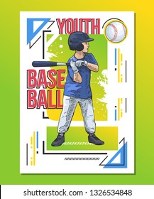 Youth baseball, little player with baseball bat on abstract background. Sport poster, print graphic design. Bright, colorful vector illustration