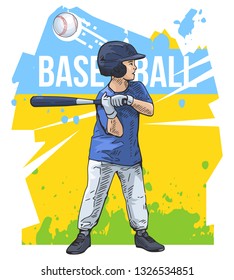 Youth baseball, little player with baseball bat on abstract background. Sport poster, print graphic design. Bright, colorful vector illustration