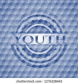 Youth blue emblem with geometric pattern background.