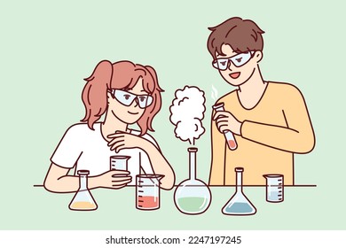 Youth boy and girl conduct chemical experiments standing near table with test tubes and pouring reagents. Elementary school students in goggles experimenting during laboratory work. Flat vector image