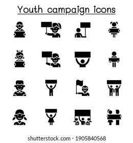 Youth campaign related vector icons. contains such Icons as banner, placard, advertising, teen, protest, demand, boy, girl, poster, youth day and more.