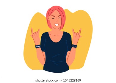 Youth, carefree lifestyle concept. Rocker fan girl showing devil horns gesture, rock music admirer with metal hand sign, rock n roll concert spectator, excitement expression. Simple flat vector