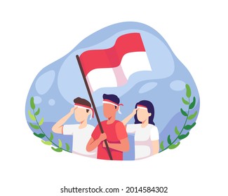 La juventud celebra el día de la independencia de Indonesia. Día de la Independencia de Indonesia el 17 de agosto. La gente celebra el día nacional de la independencia y rinden homenaje a la bandera indonesia. Vector de estilo plano