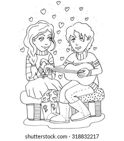 the youth celebrates love, first love, first kiss young hand drawing for coloring  isolated on the white background