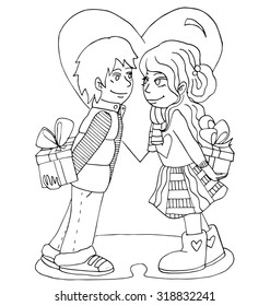 the youth celebrates love, first love, first kiss young hand drawing for coloring  isolated on the white background