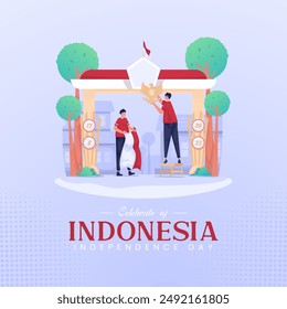 Youth characters are decorating the gate to celebrate Indonesia's independence day, Vector illustration
