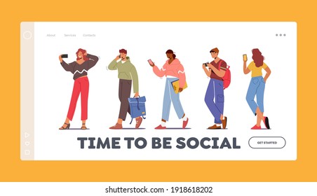 Youth Characters with Phones Landing Page Template. Teens with Smartphone. Young Men and Women Holding Mobiles Chatting, Texting, Reading Newsfeed in Social Media. Cartoon People Vector Illustration