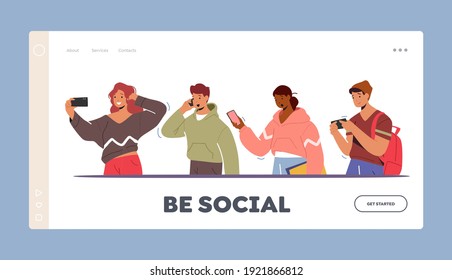 Youth Characters with Phones Landing Page Template. Teens with Smartphone. Young Men and Women Holding Mobiles Chatting, Texting, Reading Newsfeed in Social Media. Cartoon People Vector Illustration