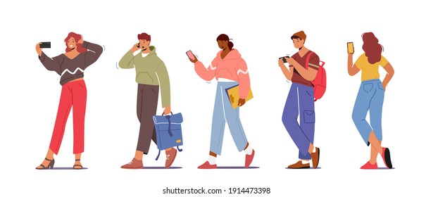 Youth Characters with Phones, Teens Smartphone Communication Concept. Young Men and Women Holding Mobiles Chatting, Texting, Reading Newsfeed in Social Media. Cartoon People Vector Illustration