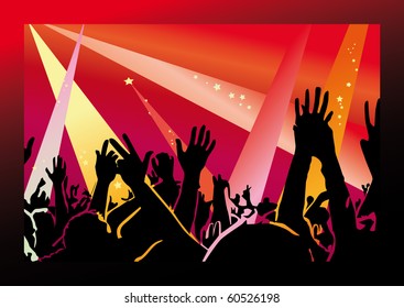 Youth club party. People are pulling your hands up. Silhouettes vector.