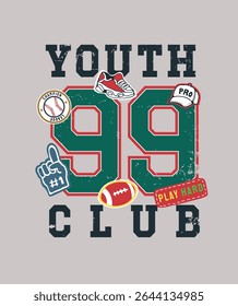 slogan de clube de juventude com itens de esporte ilustração vetor para criança t camisa imprimir 