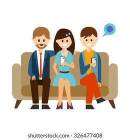 Youth communicating through their cell phones in social media in flat style, vector illustration