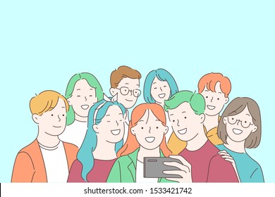 Youth community, teenage friendship, spending time together and communicating concept. Young people group taking selfie, friends pastime, happy boys and girls making self portrait. Simple flat vector