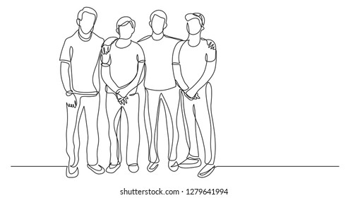 youth company happy friends standing together    one line drawing