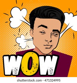 Youth contemporary modern style illustration pop art comic text, comic art. Attractive daring young man makes selfie duck face on orange background, round pattern. Lettering wow. Retro pop art.
