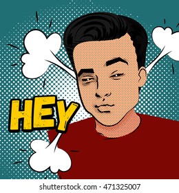 Youth contemporary modern style illustration pop art comic text. Attractive daring young man makes selfie duck face on green background, round pattern. Lettering hey comic text. Retro pop art.