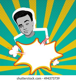 Youth contemporary modern style illustration pop art. Attractive daring young man makes selfie duck face on blue yellow background, star pattern template. Comics book balloon background.