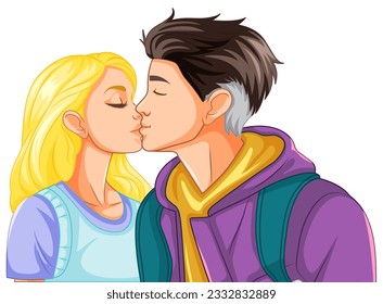 Youth couple are kissing isolated illustration