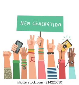 Youth crowd with banner. Manifesting new generation crowd. A lot of hands of young people with different gestures. Vector illustration in flat style