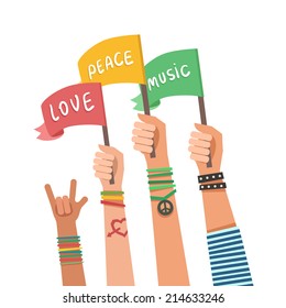 Youth crowd with colorful flags. Love, Peace, Music. Manifesting new generation crowd. Vector illustration in flat style