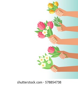 Youth crowd hands holding bouquets of flowers. Greeting new generation crowd. Woman's Day card template. Vector colorful illustration isolated on white