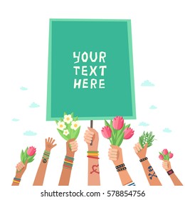 Youth crowd hands holding flowers bouquets and poster for your text. Manifesting new generation crowd. Vector colorful illustration isolated on white