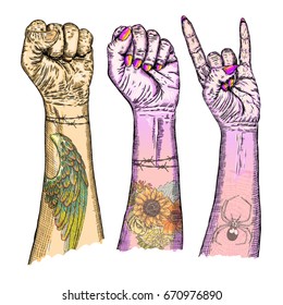 Youth crowd hands manifesting new generation. Set of hands of young people boys and girls with different gestures. Millennials woman and man wrist freedom victory signs with flash tattoos. Vector.