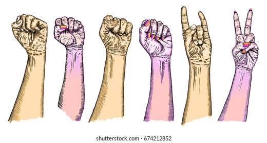 Youth crowd hands manifesting new generation. Raise high up fists, a lot of hands of young people boys and girls with different gestures. Millennials woman and man wrist freedom victory signs. Vector.