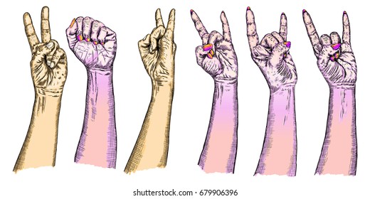 Youth crowd hands manifesting new generation. Raise high up fists, a lot of hands of young people boys and girls with different gestures. Millennials woman and man wrist freedom victory signs. Vector.