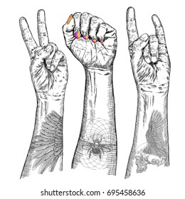 Youth crowd hands manifesting new generation. Set of hands of young people boys and girls with different gestures. Millennials woman and man wrist freedom victory signs with flash tattoos. Vector.